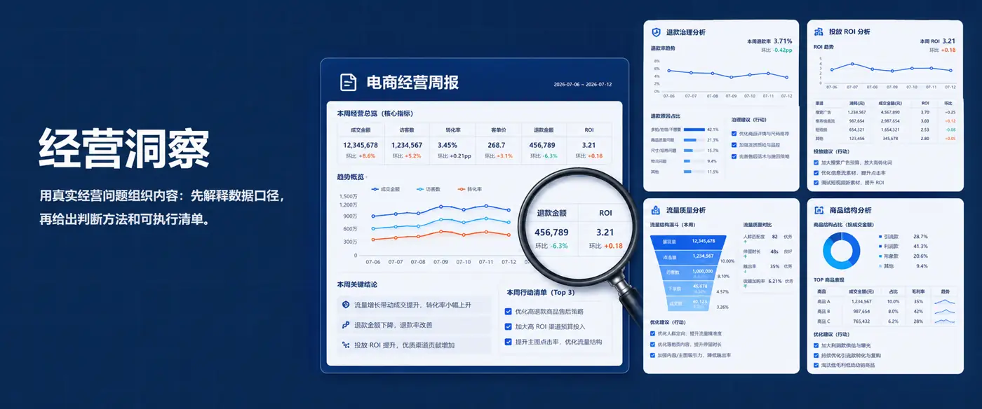 天猫生意参谋AI电商经营周报的退款、投放ROI、流量质量和商品结构分析示例